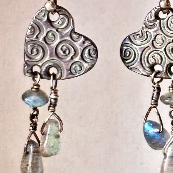 Handmade Earrings Silver Heart with Dangling Tiny Polished Stones - Picture 6 of 6